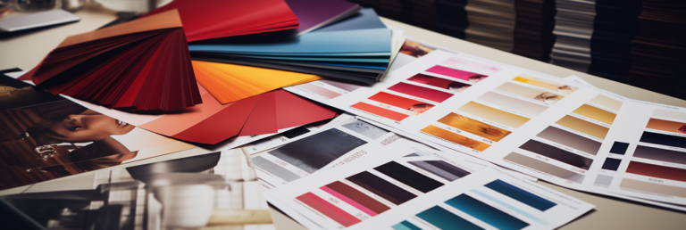 An image showing an array of color theory documents, layouts and sketches for brand development.